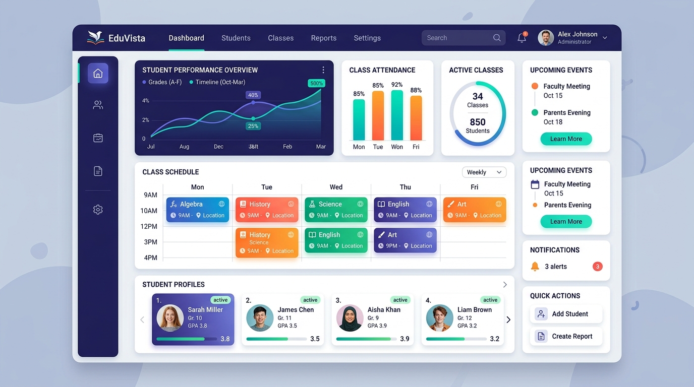 ClassQC Dashboard interface showcasing student performance tracker, class schedule, and active student profiles